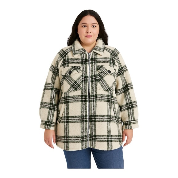 Avec Les Filles Womens Size 1X Zip Front Plaid Raglan Zip Shack­et New NWT - Picture 1 of 6